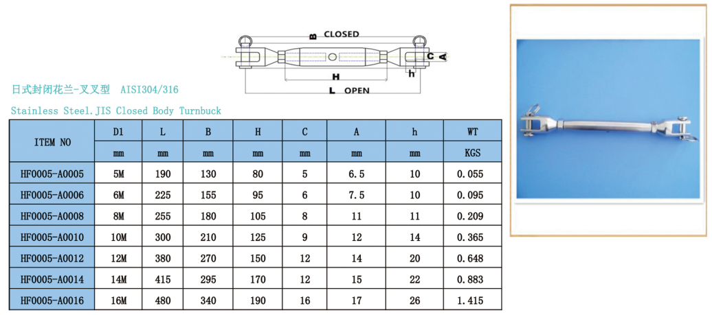 Rigging Screw Turnbuckle Jaw Jaw JIS Type