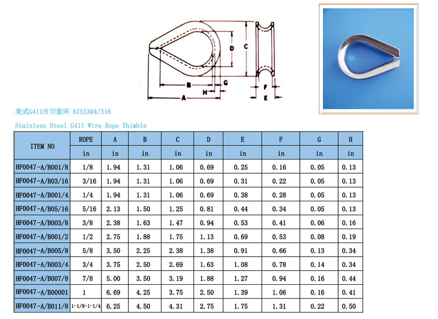 Stainless Steel US Type G411 Wire Rope Thimble