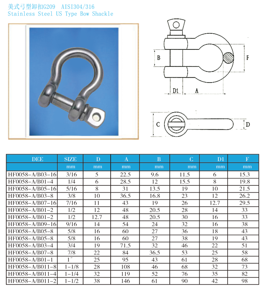 Stainless Steel US Type Bow Shackle
