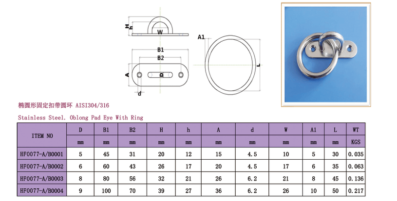 Stainless Steel Oblong Base Pad Eye Plate With Ring