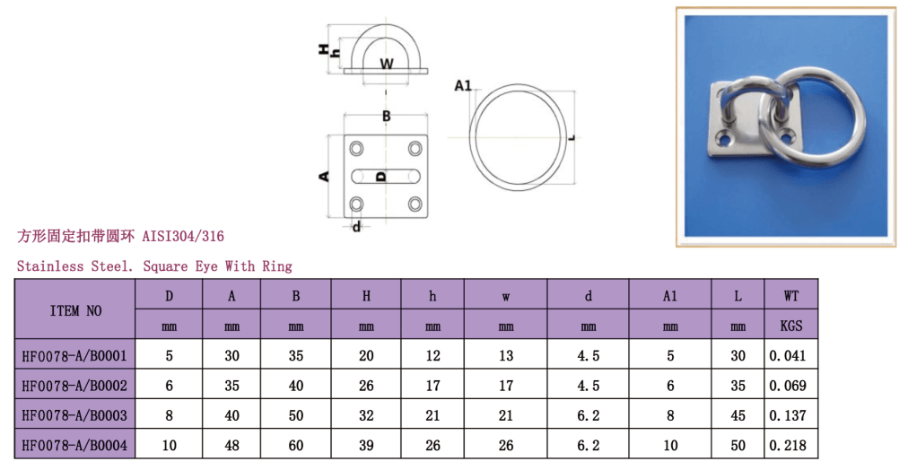 Stainless Steel Square Eye Plate with Ring