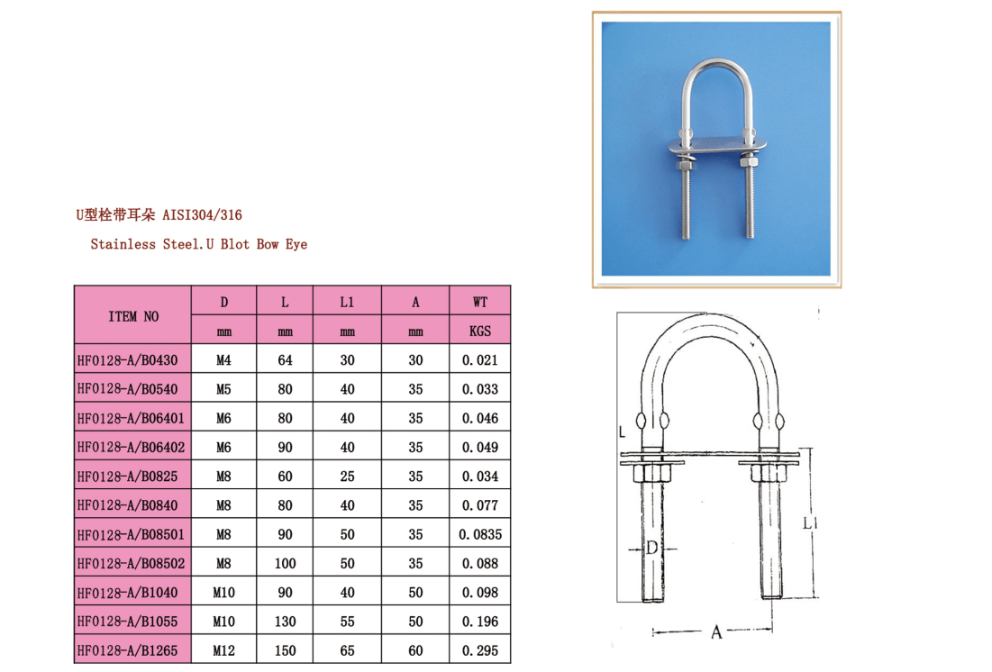 Stainless Steel U Bolt with Plate and Hex