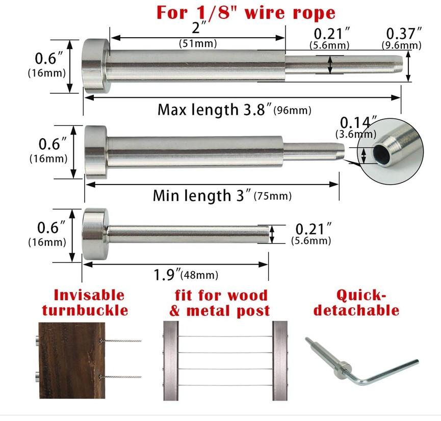 Cable Railing Kit Invisible Turnbuckle Swage Threaded Stud Hex Head Fitting Receiver Terminal