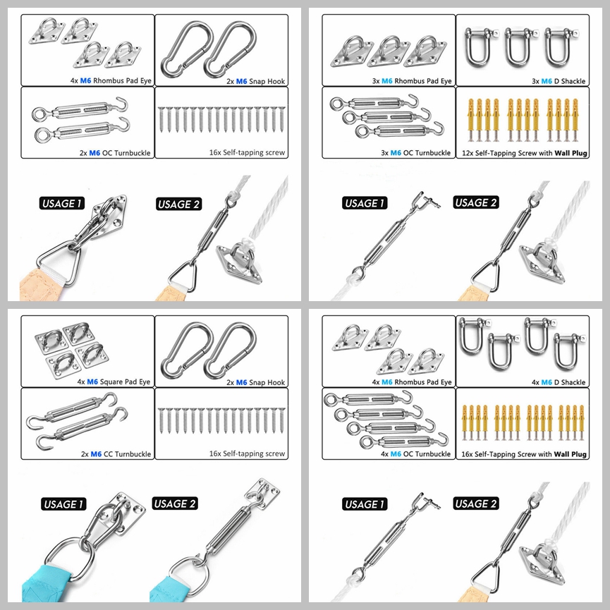 M6 Stainless Steel Sun Shading Sail Shade Canopy Fixing Fittings Accessory Kit