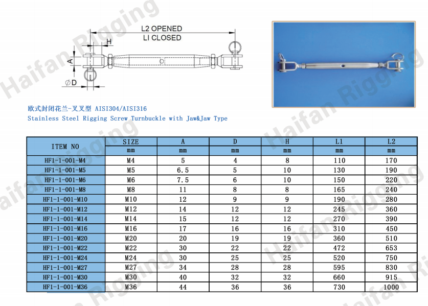Stainless Steel Rigging Screw Closed Body Turnbuckle Jaw Jaw Type Turnbuckle Stainless Steel Rigging Screw Closed Body Turnbuckle Jaw Jaw Type Turnbuckle