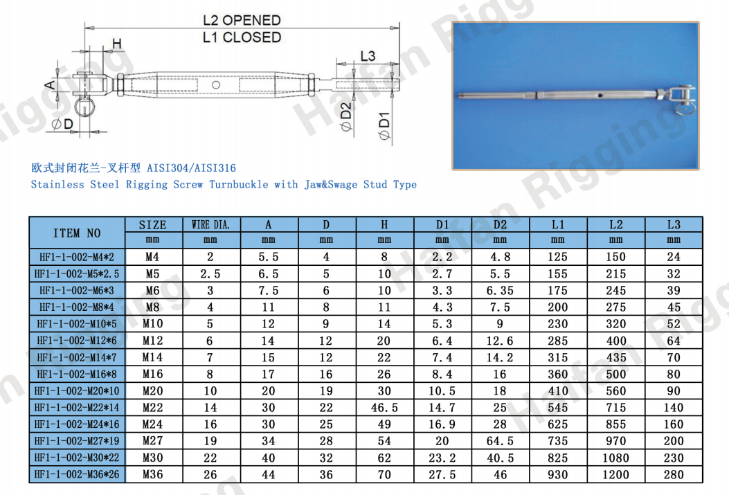 Rigging Screw Jaw Swage Stud Turnbuckle Rigging Screw Jaw Swage Stud Turnbuckle