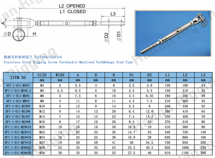 Stainless Steel Rigging Screw Machined Swaged Jaw and Swaged Stud Stainless Steel Rigging Screw Machined Swaged Jaw and Swaged Stud
