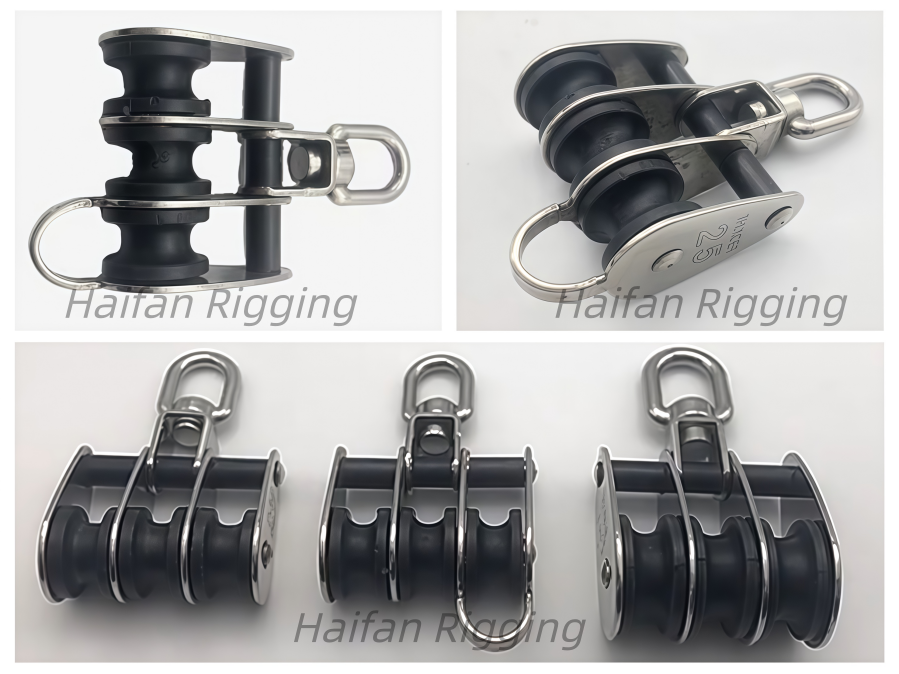 Triple Pulley Nylon Wheel Block Pulley with Swivel Head and Bottom Loop Triple Pulley Nylon Wheel Block Pulley with Swivel Head and Bottom Loop