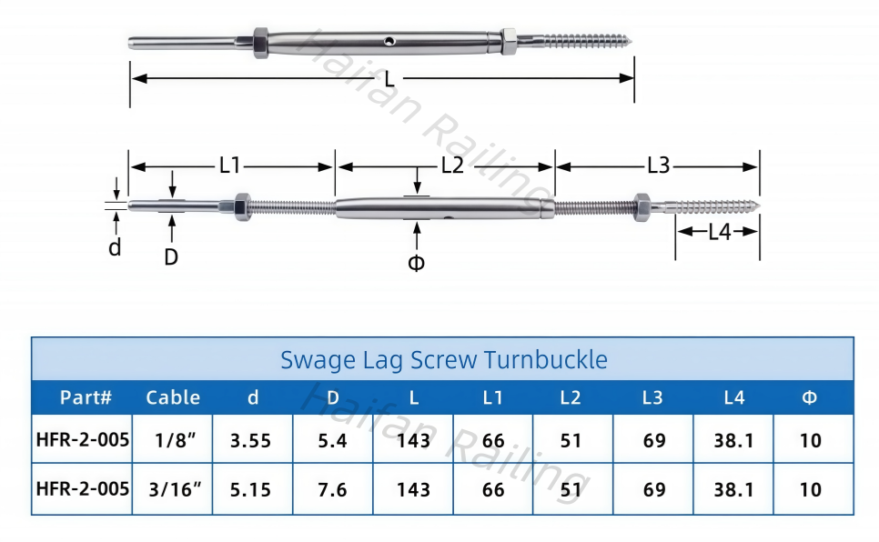 Swage Turnbuckle with Lag Screw For Cable Railing Swage Turnbuckle with Lag Screw For Cable Railing