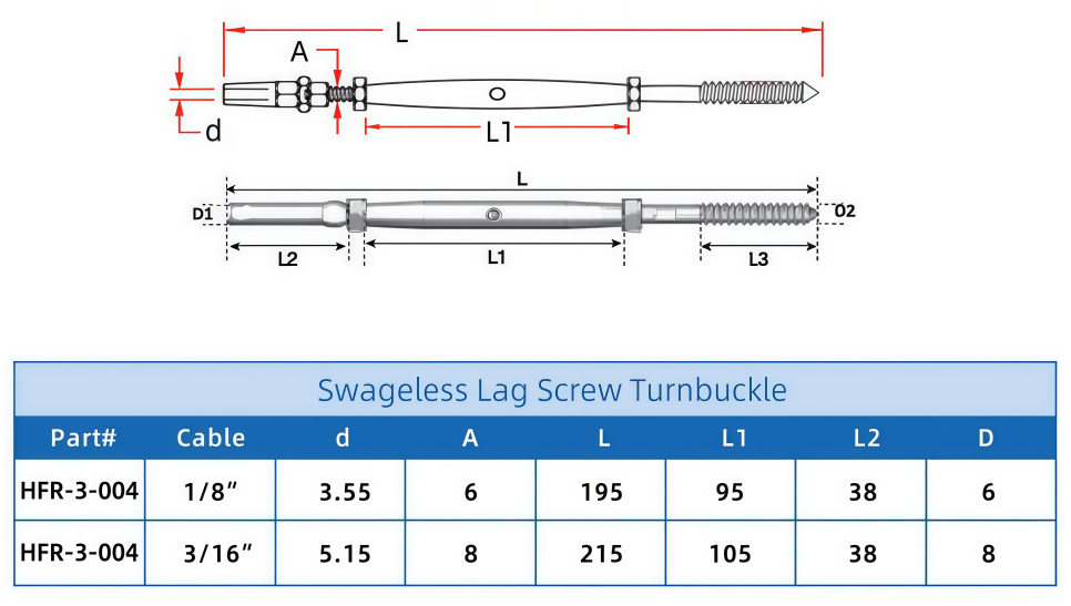 Swageless Turnbuckle with Lag Screw For Cable Railing Swageless Turnbuckle with Lag Screw For Cable Railing