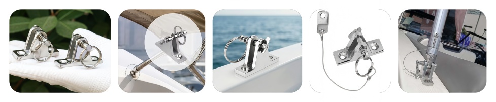 90-Degree Bimini Top Deck Hinge with a Spring-Loaded Quick-Release Pin 90-Degree Bimini Top Deck Hinge with a Spring-Loaded Quick-Release Pin