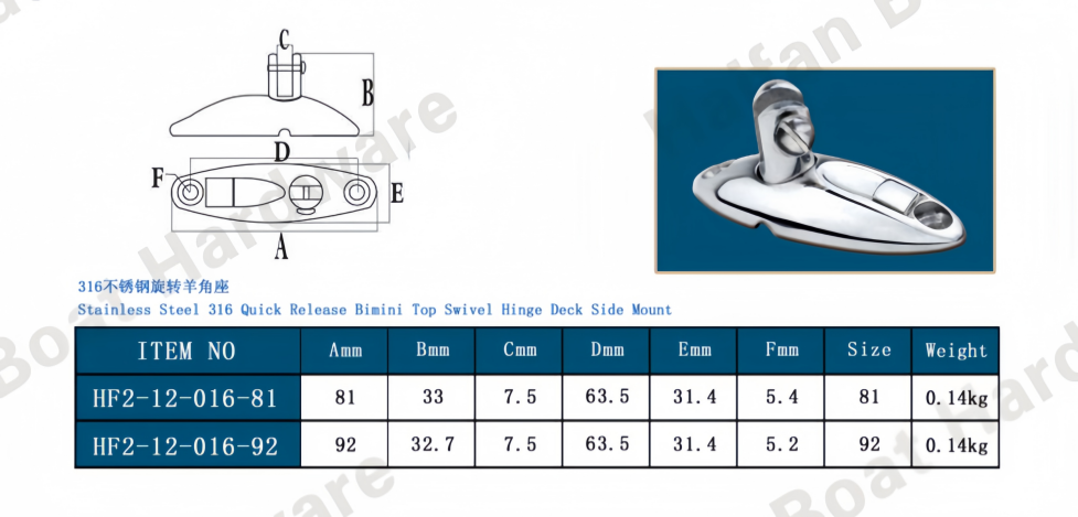 Quick-Release Bimini Top Swivel Deck Side-Mount Hinge with a integrated push-button locking mechanism