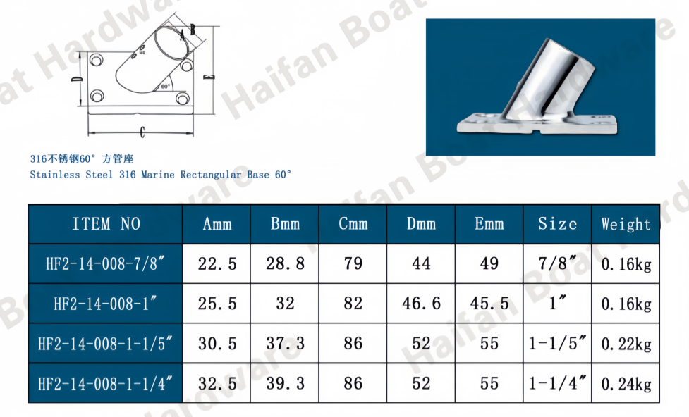Marine Rectangular Rail Base 60° Marine Rectangular Rail Base 60°