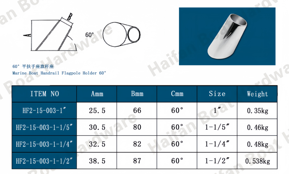 Marine Grade Stainless Steel 60° Angled Cylindrical Flagpole Holder Marine Grade Stainless Steel 60° Angled Cylindrical Flagpole Holder