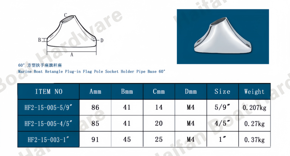 Marine Grade Stainless Steel 60° Rectangular Flagpole Base