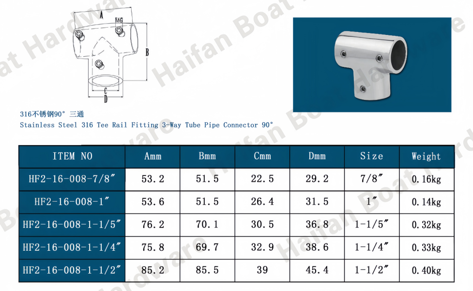 Tee Rail Fitting 3-Way Tube Pipe Connector 90°