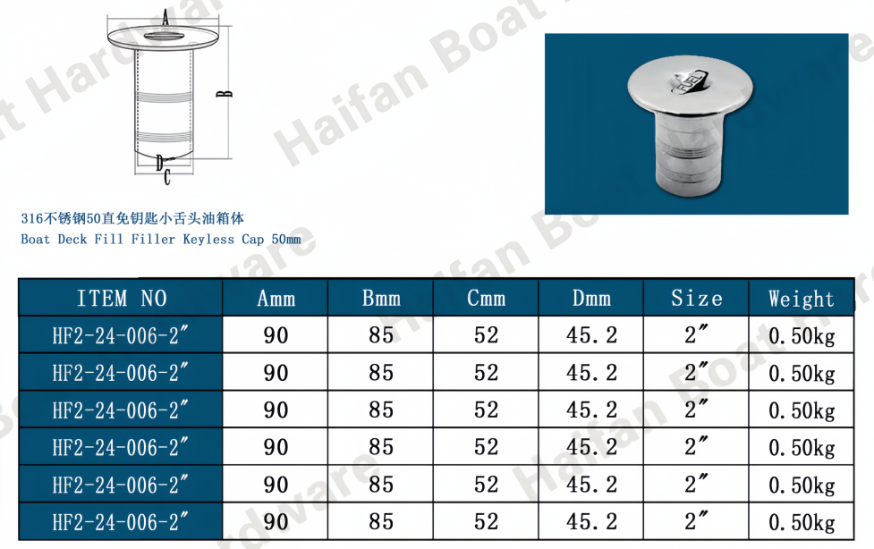 50mm Boat Fuel Diesel Gas Water Deck Filler with Keyless